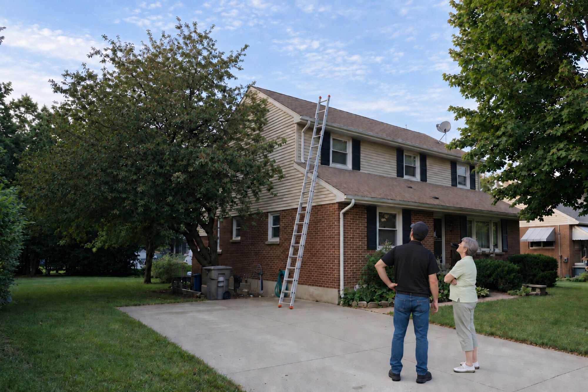 Roofer talking through options with homeowners outside their house