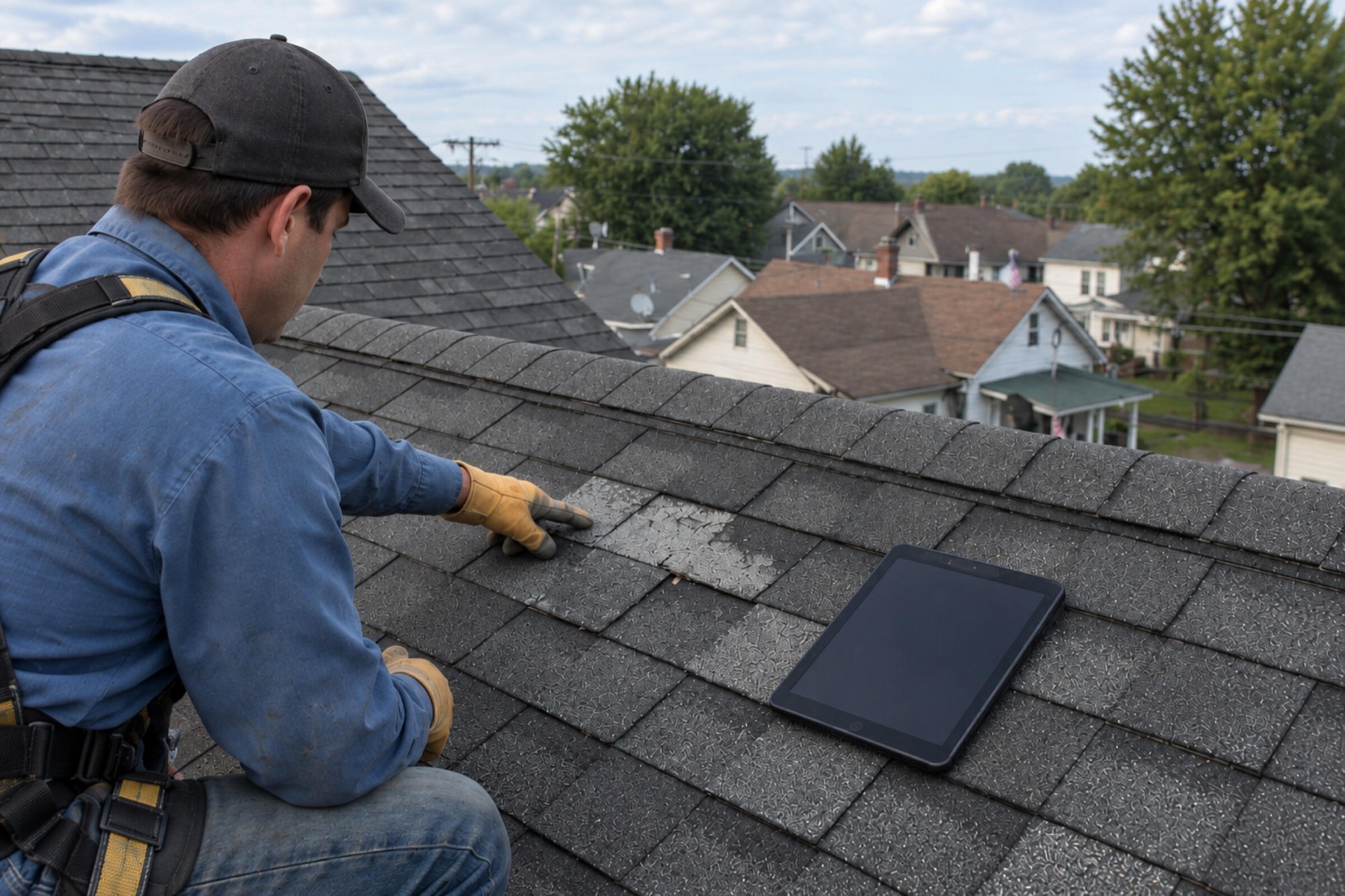 Roofer inspecting shingles up close during a roof inspection